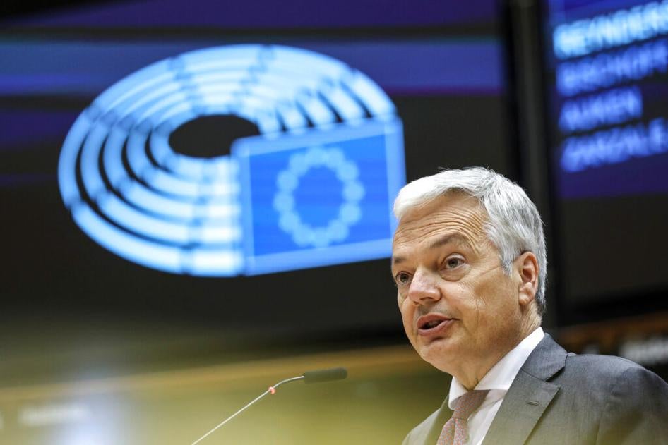 European Commissioner for Justice Didier Reynders delivers the opening statements during a plenary session on the Commissions 2020 Rule of law report at the European Parliament in Brussels, Belgium on June 23, 2021. 
