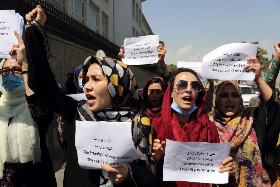 Women gather to demand their rights under Taliban rule during a protest in Kabul, Afghanistan on September 3, 2021.