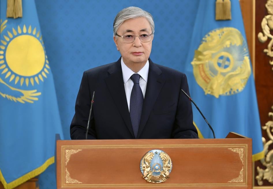 Kazakhstan President Kassym-Jomart Tokaev speaks during his televised address to the nation in Nur-Sultan, Kazakhstan, January 7, 2022.
