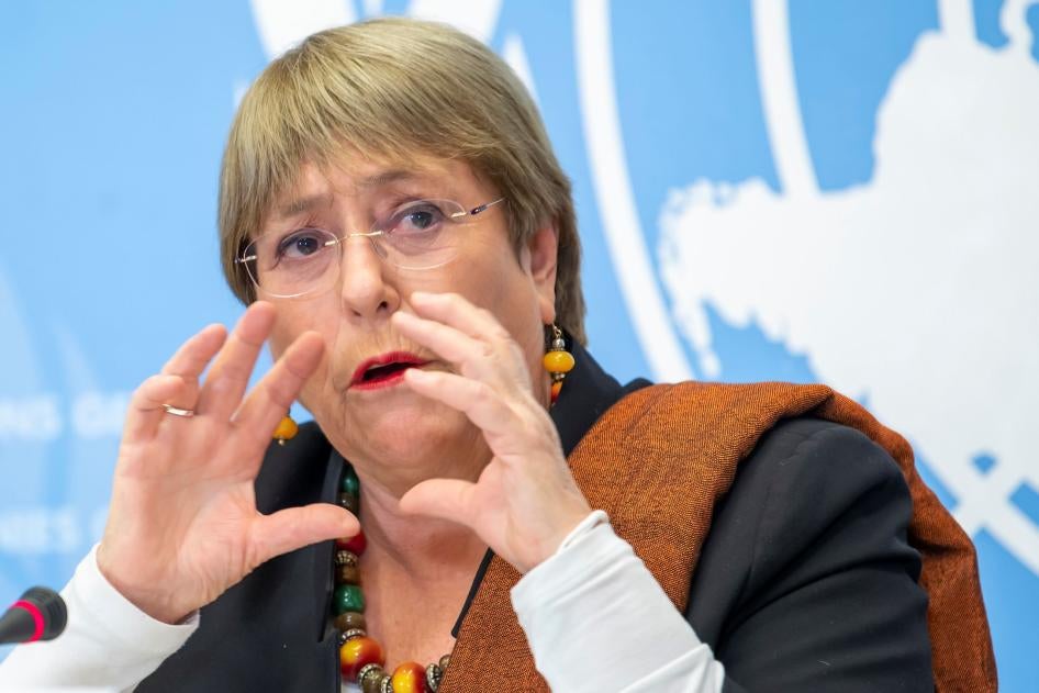 Michelle Bachelet, UN High Commissioner for Human Rights, speaks to the media at the European headquarters of the United Nations in Geneva, Switzerland, November 3, 2021. 