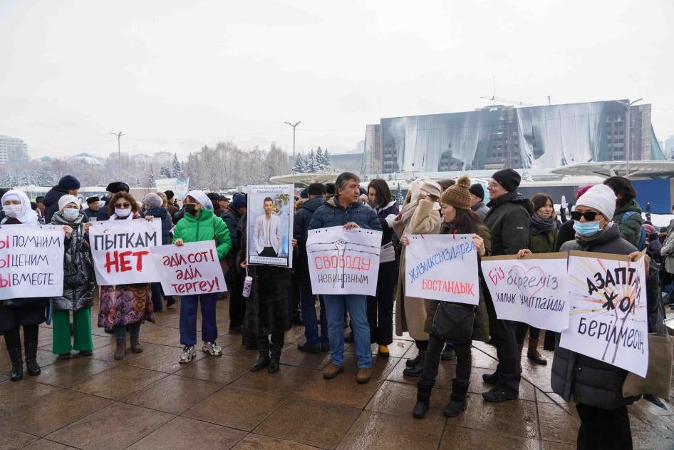 Demonstrators attend a rally in memory of victims of the January 2022 country-wide unrest in Almaty, Kazakhstan, February 13, 2022.