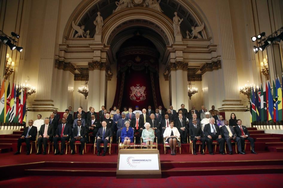 The Commonwealth leaders at the formal opening of the 2018 Commonwealth Heads of Government Meeting in the ballroom at Buckingham Palace in London, April 19, 2018.