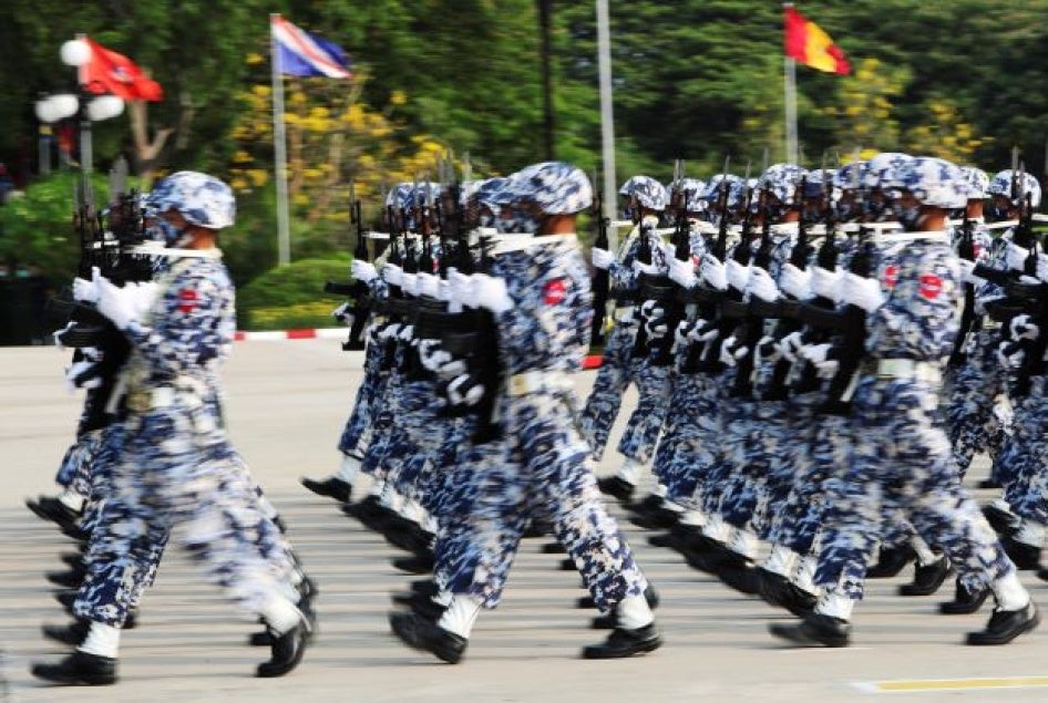 Myanmar military personnel march during a parade