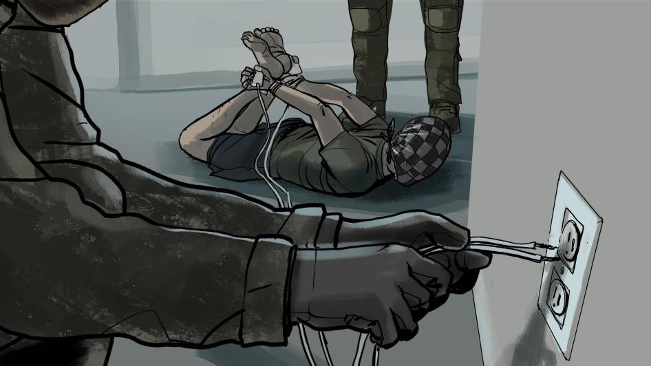 « Oleksandr », également détenu par les forces russes lors de leur occupation d’Izioum, en Ukraine, a décrit comment il a été soumis à la position de « l’araignée » : les soldats l’ont forcé à s’allonger sur le ventre et lui ont attaché les mains et les pieds, ensemble, derrière son dos. Ils ont ensuite placé des coussinets électriques dans les mains, et lui ont administré des chocs électriques. 