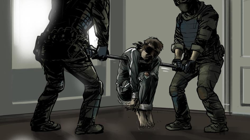 « Ihor », détenu par les forces russes lors de leur occupation d’Izioum, en Ukraine, a déclaré qu’à plusieurs reprises, les soldats l’avaient fait s’asseoir par terre, les genoux pliés vers le haut. Ils lui ont lié les mains sous les genoux avant d’insérer une tige métallique juste devant sa poitrine et sous ses bras, dans une position qu’il a appelée « position du perroquet ». Ensuite, a-t-il expliqué, ils ont soulevé la tige métallique de manière à ce qu’il reste suspendu ainsi. 