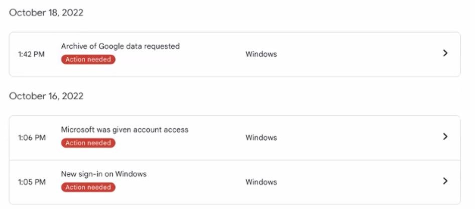 Screenshot of the Google Activity of one of the targets of the phishing campaign, showing a Google data request from the attackers. (October 2022).