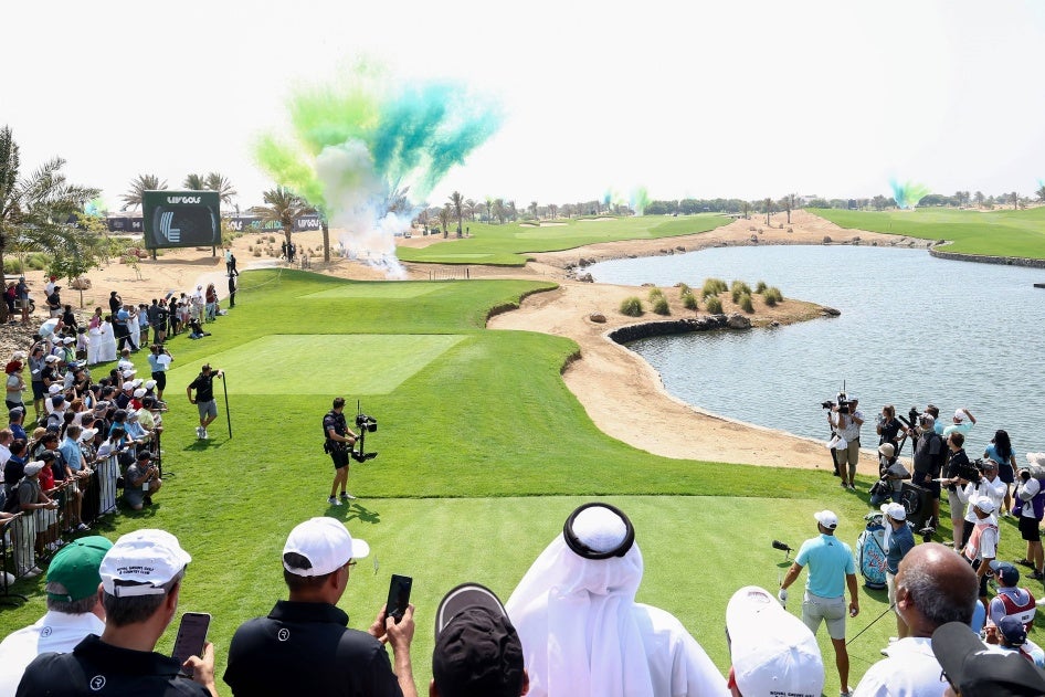 Fans watch from the first tee during day one of the LIV Golf Invitational - Jeddah at Royal Greens Golf & Country Club on October 14, 2022, in King Abdullah Economic City, Saudi Arabia. 