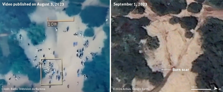 Left, screenshot of a video from a Burkinabè military drone on August 3, 2023, taken from Radiodiffusion Télévision du Burkina’s YouTube channel. It shows a moment before a guided munition struck dozens of people and animals in Bouro village.&nbsp;© Radiodiffusion Télévision du Burkina. Right, satellite imagery taken on September 1, 2023 shows a burn scar in the same location. Image&nbsp;© 2024 Airbus. Source Google Earth. Analysis and Graphics © 2024 Human Rights Watch