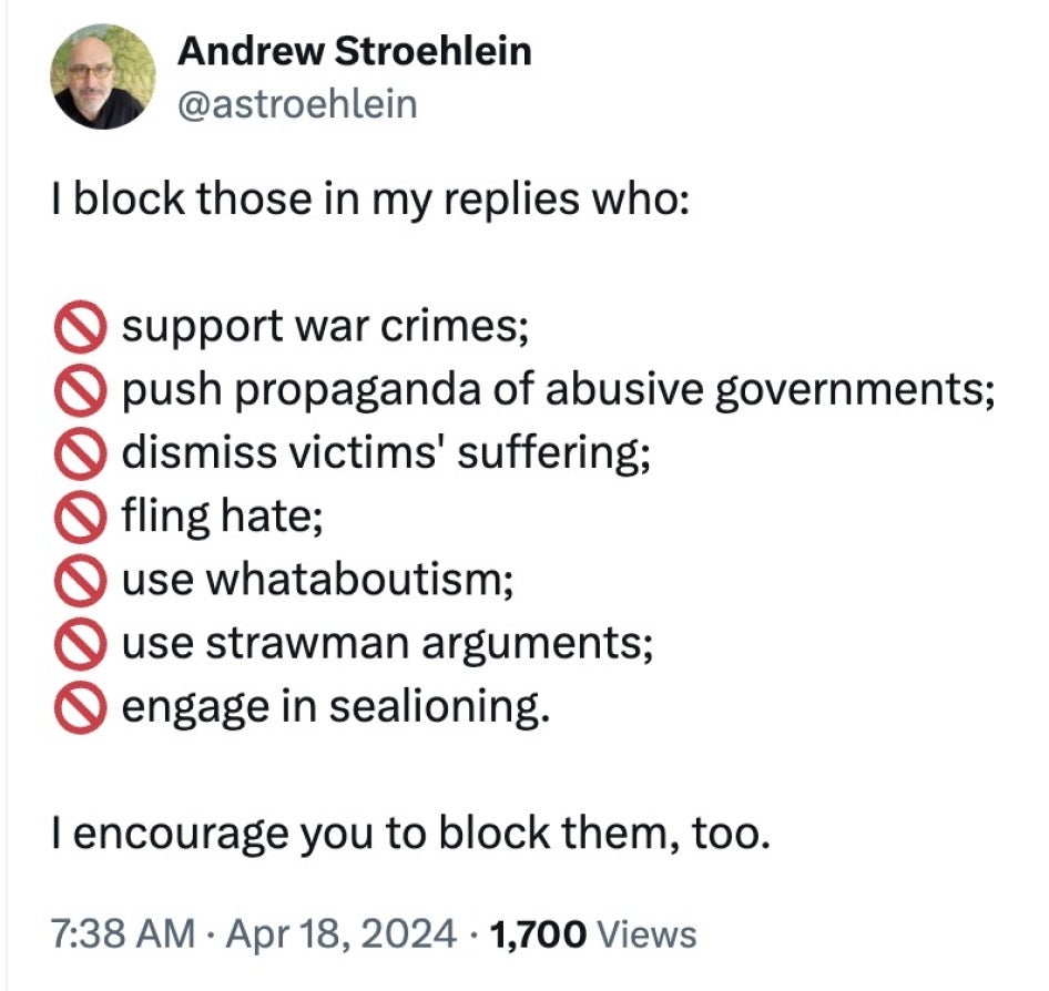 In a twitter post, Andrew Stroehlein describes the rules he uses to block people on social media.