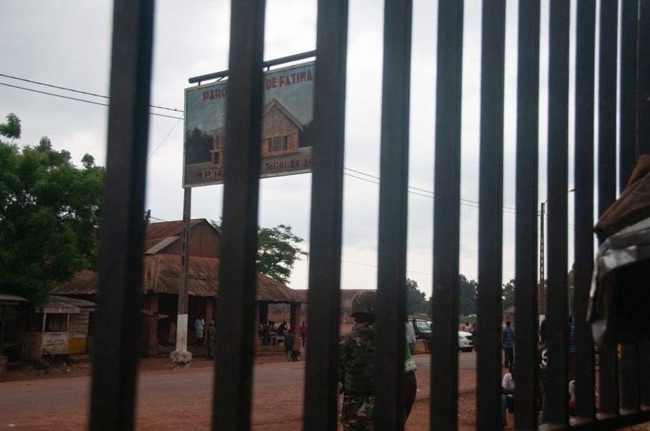 The sign outside the Notre-Dame church after the killings in May 2014, Fatima neighborhood, Bangui, Central African Republic, June 24, 2014.
