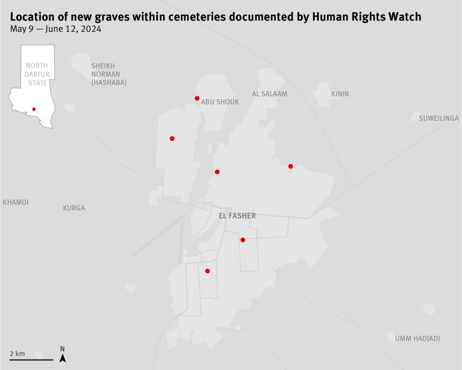 Location of new graves documented by Human Rights Watch from May 9 to June 12, 2024. 