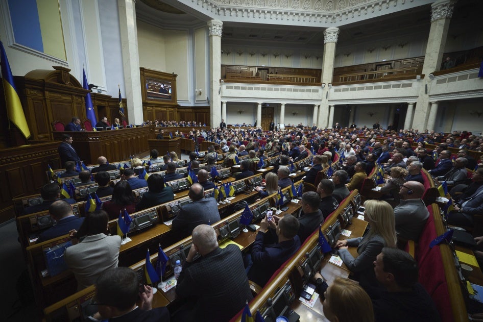 Ukraine's President Volodymyr Zelenskyy speaks to parliamentarians at Verkhovna Rada in Kyiv, November 19, 2024. 
