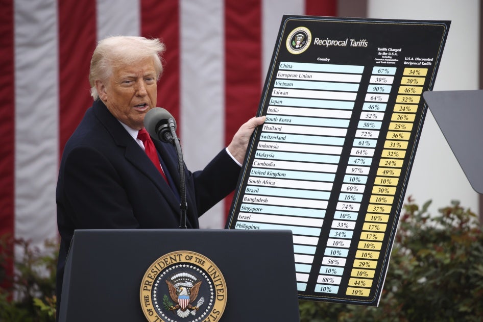 US President Donald Trump displays a chart with proposed US tariffs at the White House in Washington, DC, on April 2, 2025.