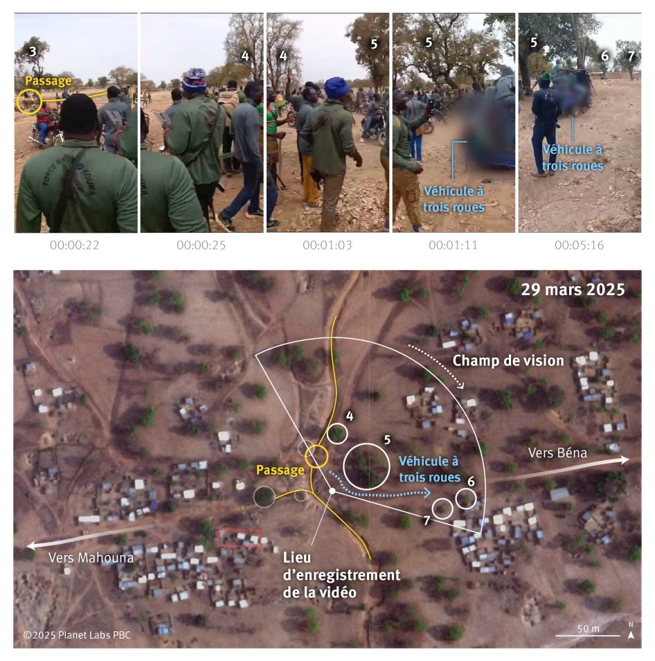 Géolocalisation d’une vidéo montrant des milices VDP jetant des corps sur un véhicule à trois roues près d’un lit de rivière asséché à l’est de Mahouna.