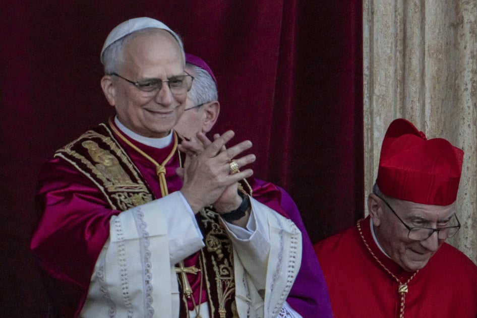 The new Pope Leo XIV on the central loggia of St. Peter's Basilica at the Vatican, May 8, 2025.