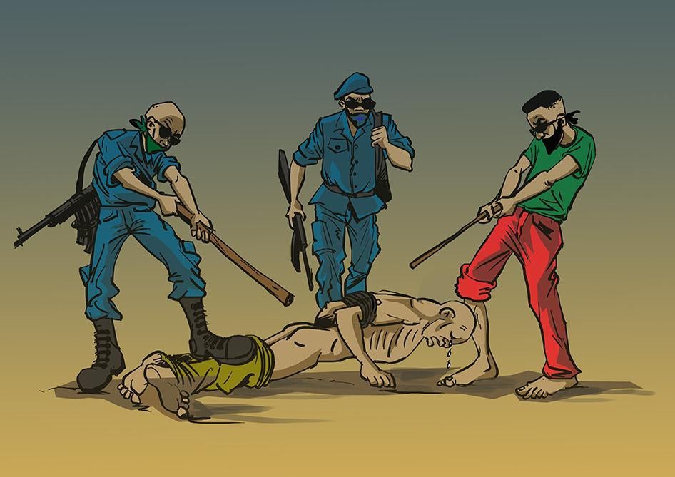 A Burundian artist’s drawing of a fictional case of policemen and an intelligence agent torturing a detainee.