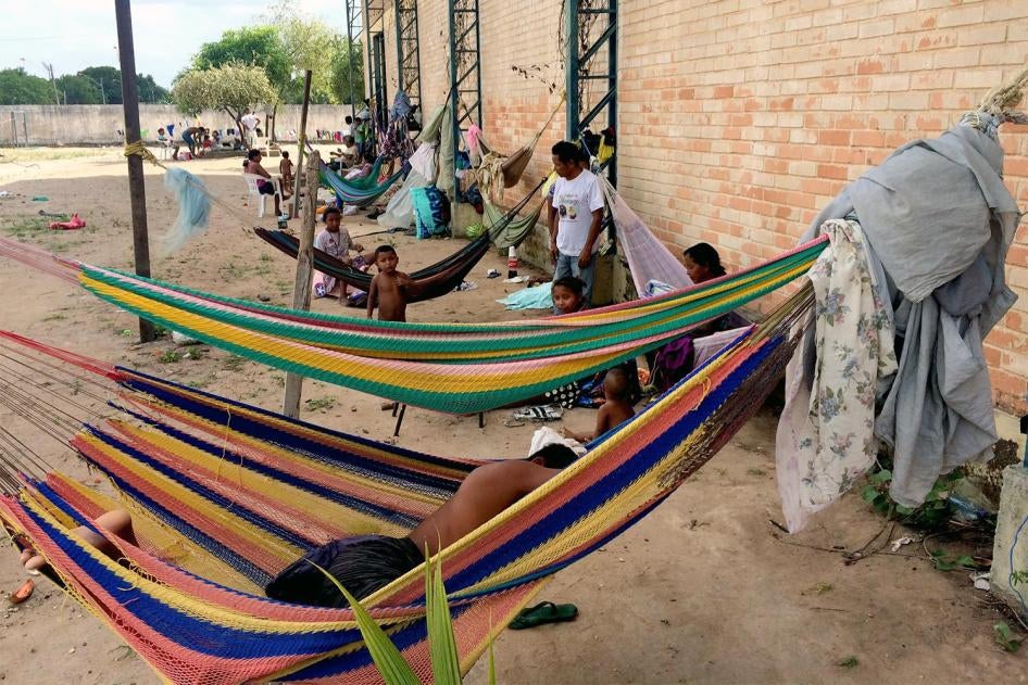 Hammocks where members of the Venezuelan Warao indigenous community sleep at a shelter in Boa Vista. Others sleep on the floor inside the shelter. February 11, 2017. 