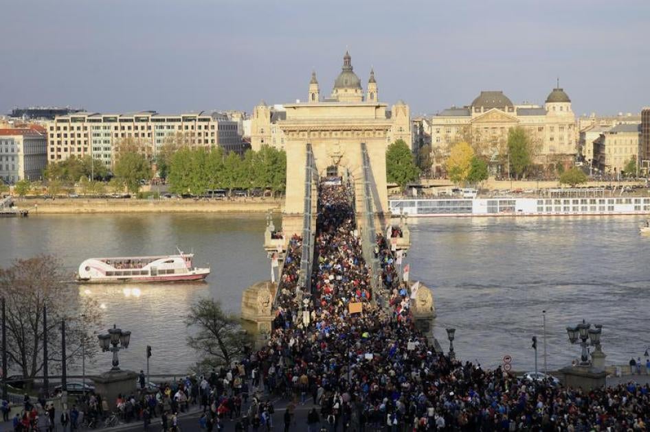 People protest against a bill that would undermine Central European University, a liberal graduate school of social sciences, in Budapest, Hungary, April 9, 2017. 