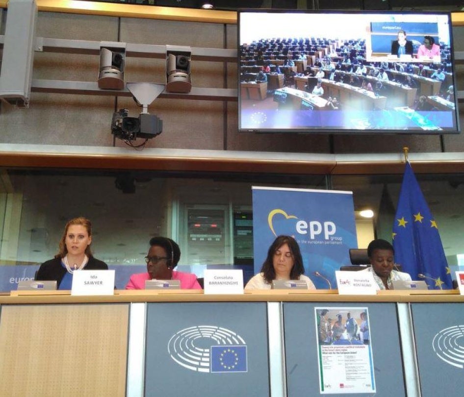 Ida Sawyer speaks at the European Parliament, in Brussels, June 7, 2017.