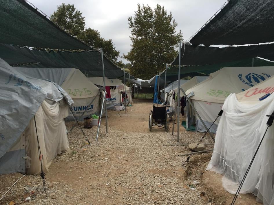 Lagkadika camp, Thessaloniki, home to 234 asylum seekers and other migrants, as of January 5, 2017. The rocky terrain in many camps makes it difficult for people who use wheelchairs to move independently, including to access basic services such as toilets