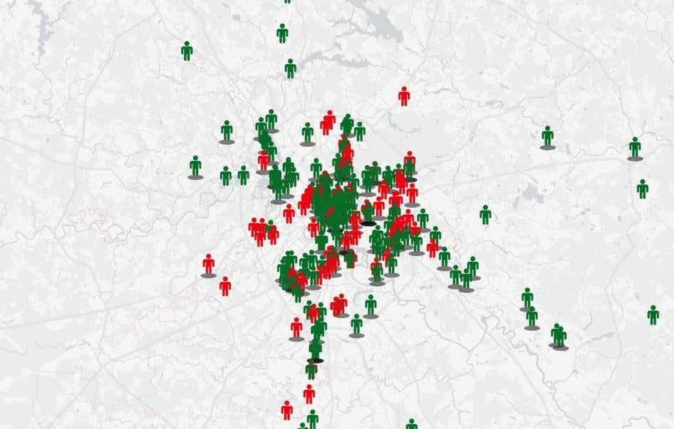 Hate attacks in 2010-2016 marked on Russia’s map – red stands for killing; green stands for bodily harm.