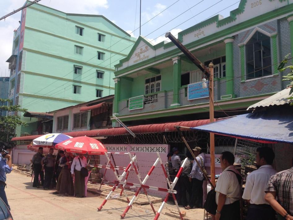 Barricades placed outside one of the madrasas in Thaketa Township, Rangoon, following its closure by authorities, April 29, 2017.