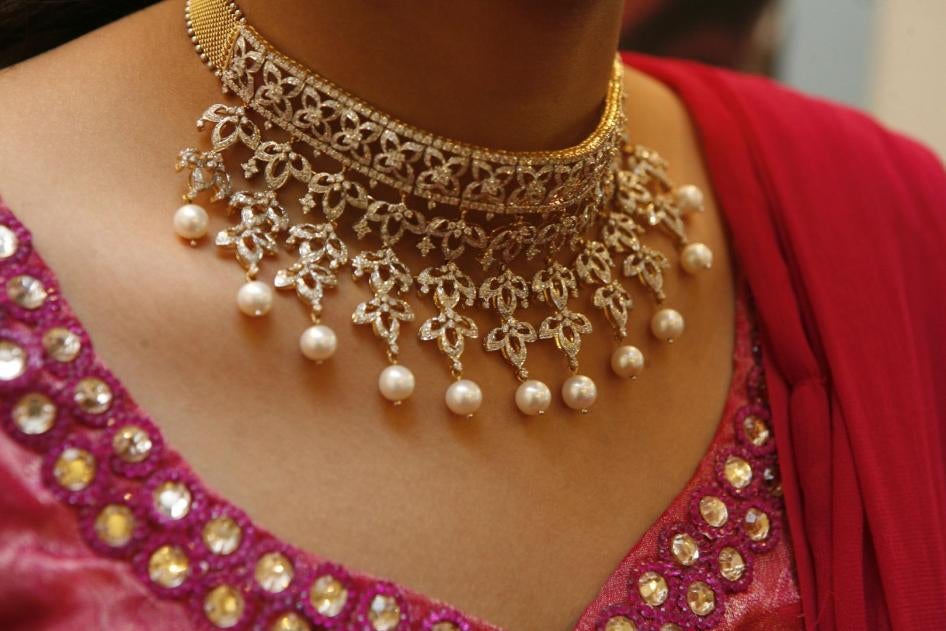 View of gold and diamond wedding jewelry at Tanishq Jewellery House in Ludhiana, Punjab, India, October 2009.  