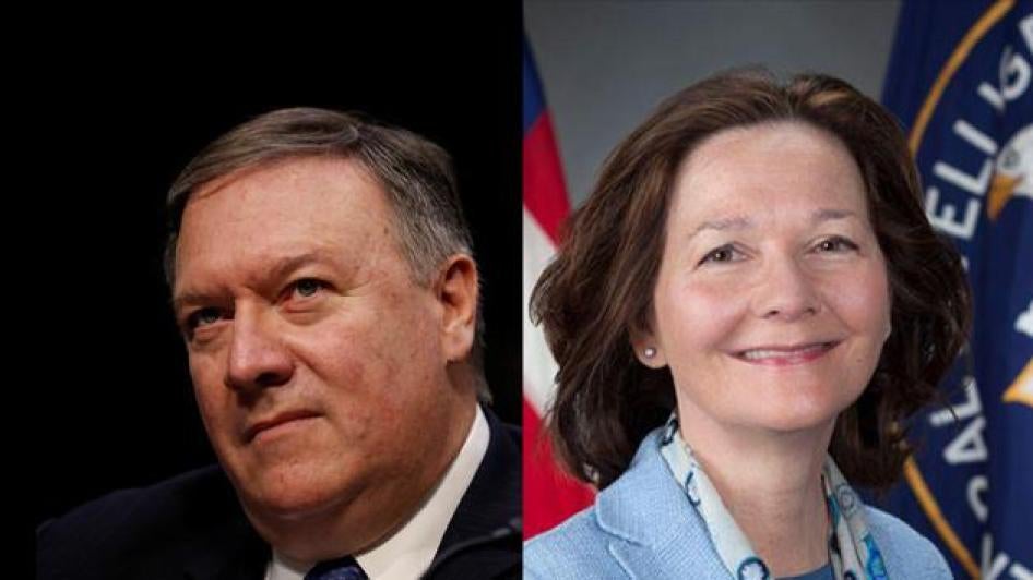 Mike Pompeo, directeur de la CIA nommé Secrétaire d'État américain par le président Trump en mars 2018, et Gina Haspel, nommée directrice de la CIA.