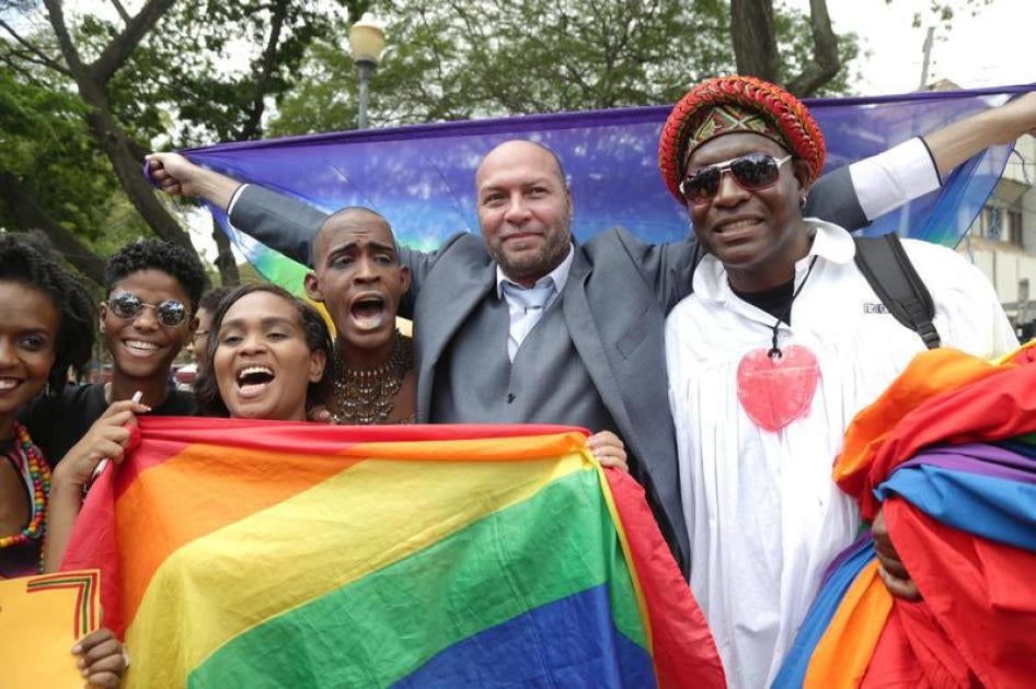 Jason Jones, activist of the LGBT community celebrates with other activist court judgment outside the Hall of Justice in Port-of-Spain, Trinidad and Tobago, April 12, 2018.