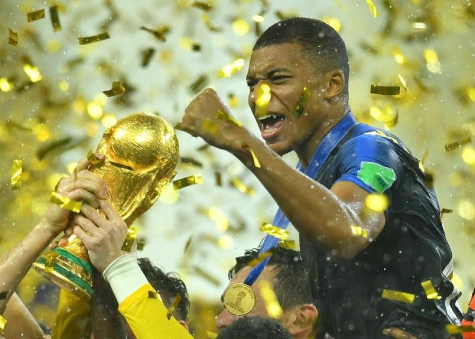 France's Kylian Mbappe celebrate winning the World Cup with teammates at Luzhniki Stadium, Moscow, Russia, July 15, 2018,