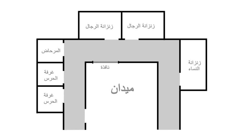 رسم للزنازين حيث قال محمود إنه احتجز في سجن الفيصلية من يناير/كانون الثاني حتى مايو/أيار 2018.