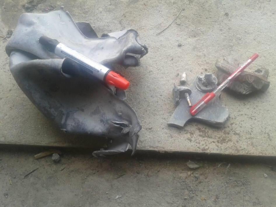 Remnants of a US-made Joint Direct Attack Munition (JDAM) satellite guidance kit, which is fitted to an airdropped bomb prior to use, identified at the site of a wedding bombed by coalition aircraft in Hajjah governorate on April 22, 2018.