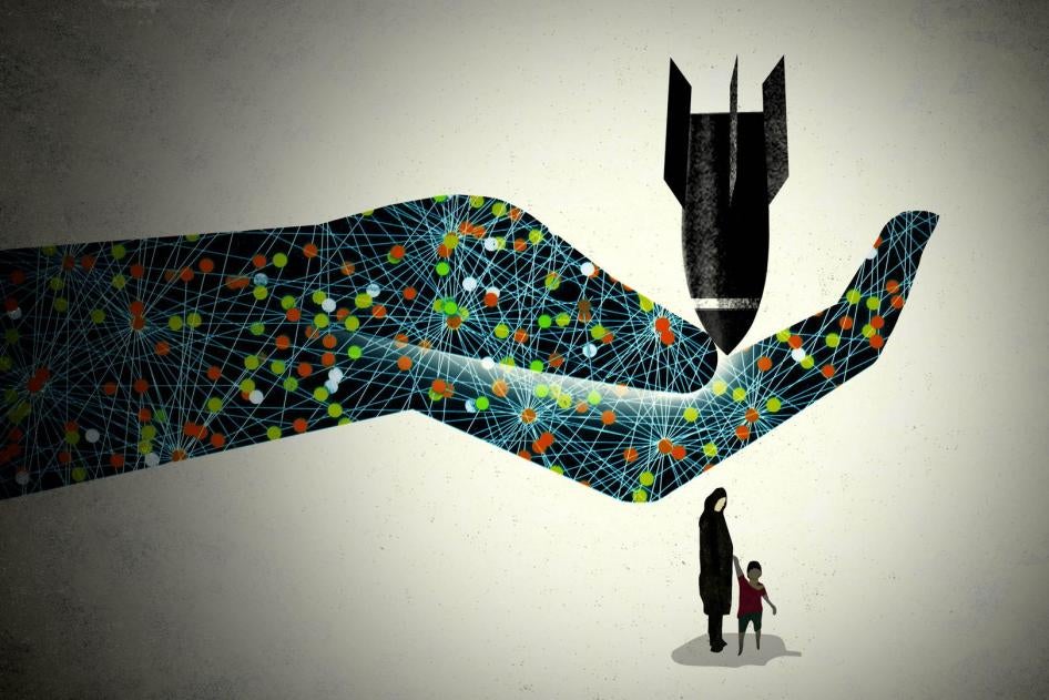 A graphic piece by Brian Stauffer depicting an outstretched hand catching a rocket in its palm while shielding a mother and a young boy beneath it.  