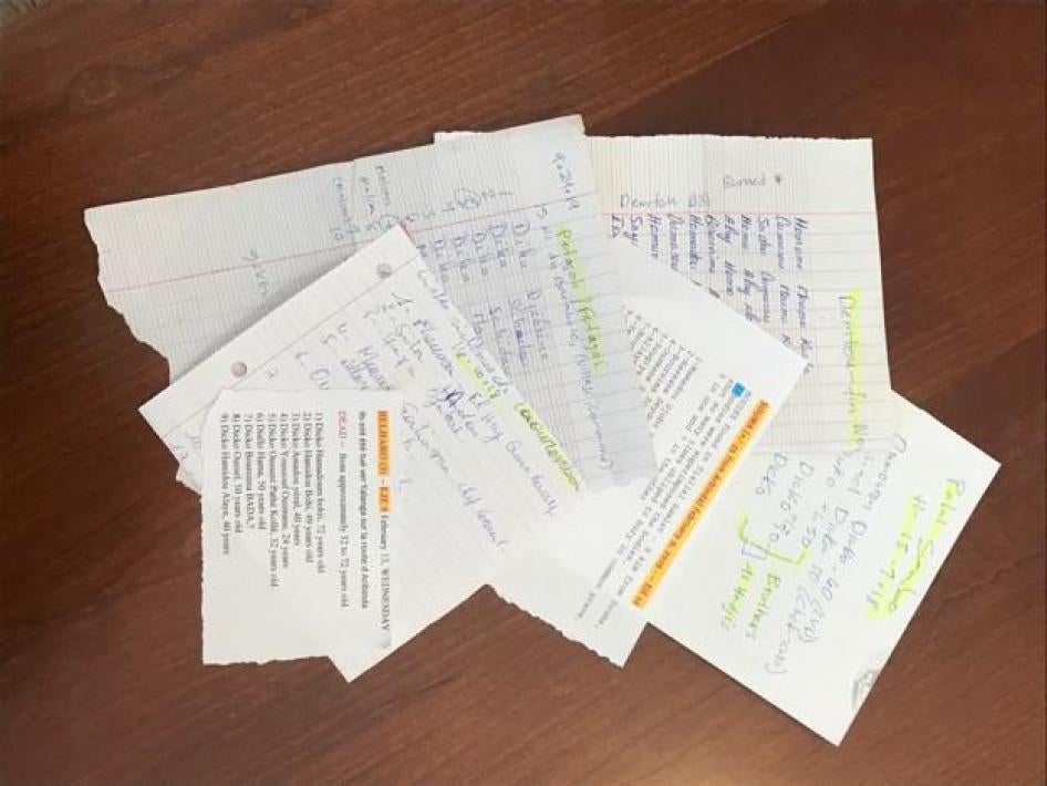 Lists of victims of alleged atrocities by security forces in the Sahel Region, as provided to Human Rights Watch during a research mission in January 2019.