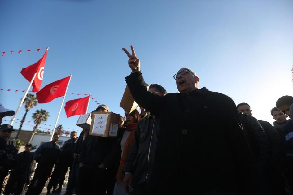 Protestors demonstrating in front of Goverment Square on March 12, 2019 in Tunis, Tunisia. 