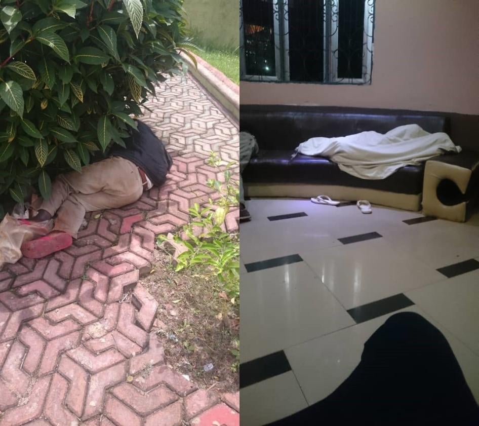 People sleep in the courtyard and reception of the Hôtel Palais de Nazareth, a makeshift and overcrowded quarantine site in Kobero, Muyinga province, Burundi, on March 26 and 27, 2020.