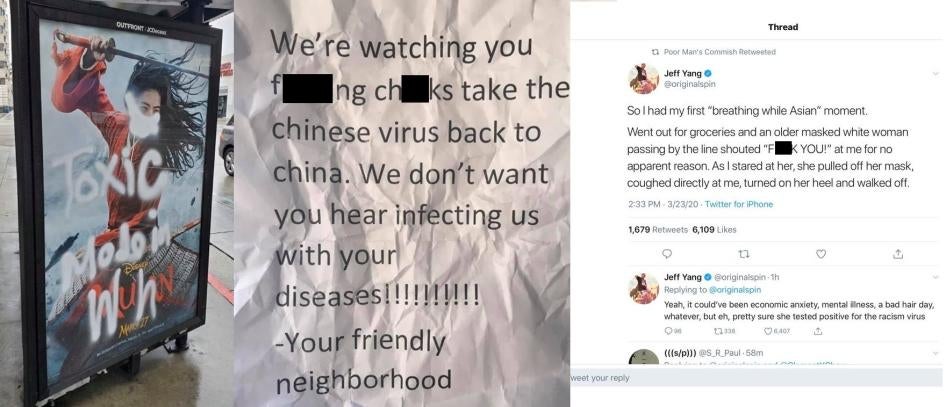 From left to right: Image of a defaced Mulan movie poster in Pasadena, California, racist note left on front door of Hmong-American family in Woodbury, Minnesota, and tweet by Asian-American writer, Jeff Yang. 