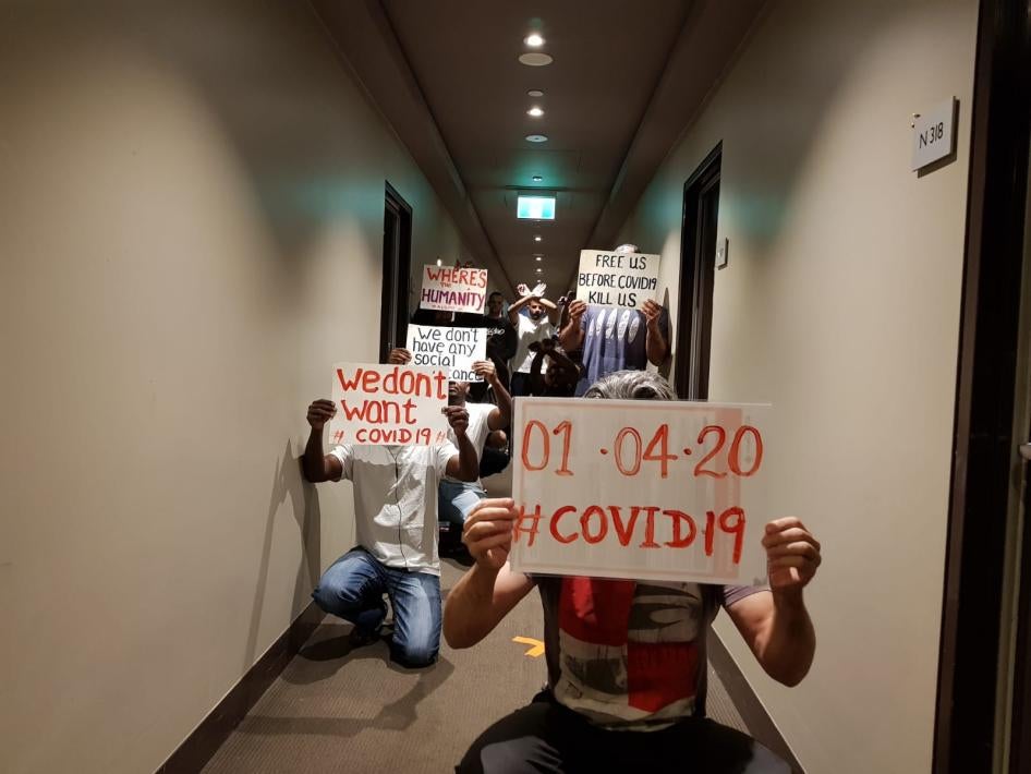 Refugees protest detention conditions in a Melbourne hotel, Australia, April, 2020.
