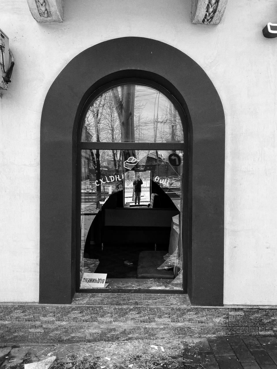 Damaged shops on Mira Avenue in Mariupol