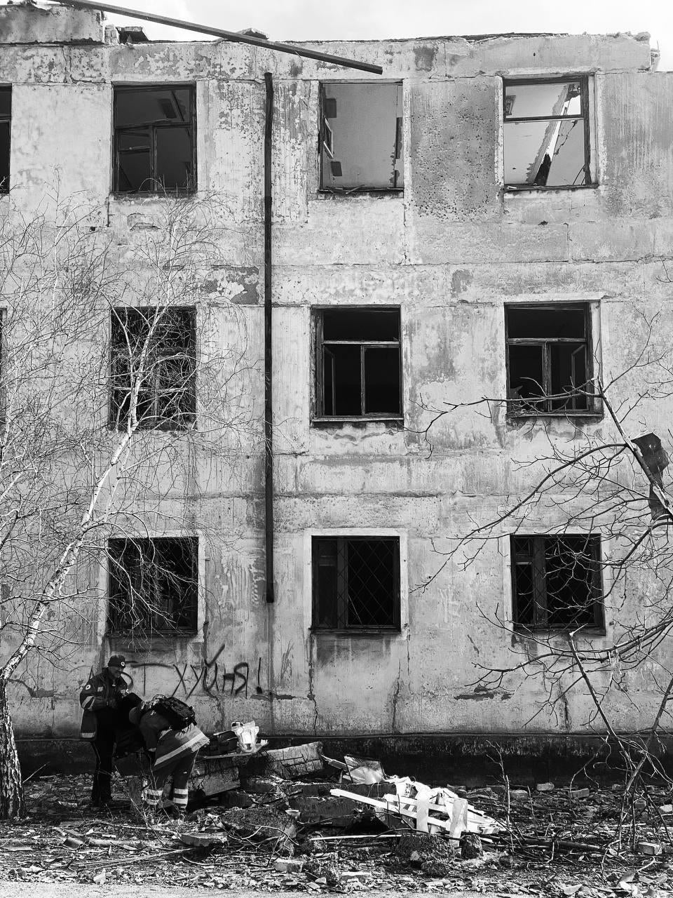 Damaged buildings on Torgovaya Street in Mariupol