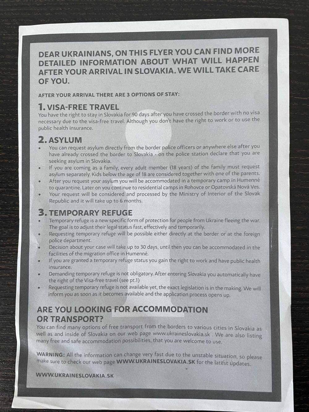 An informational leaflet in English