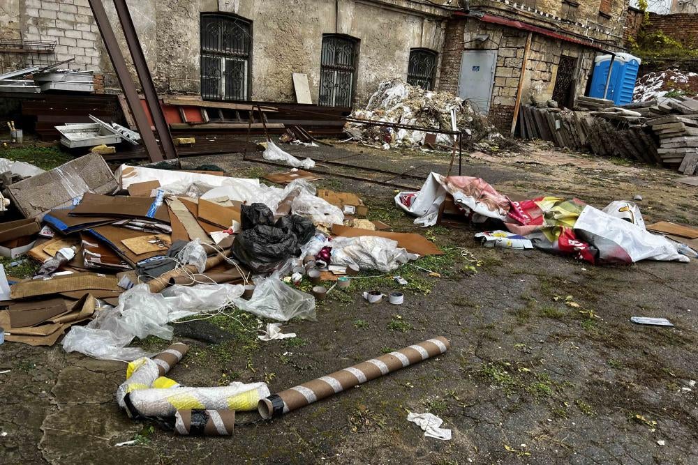 Packing materials litter the yard behind the Kherson Regional Art Museum