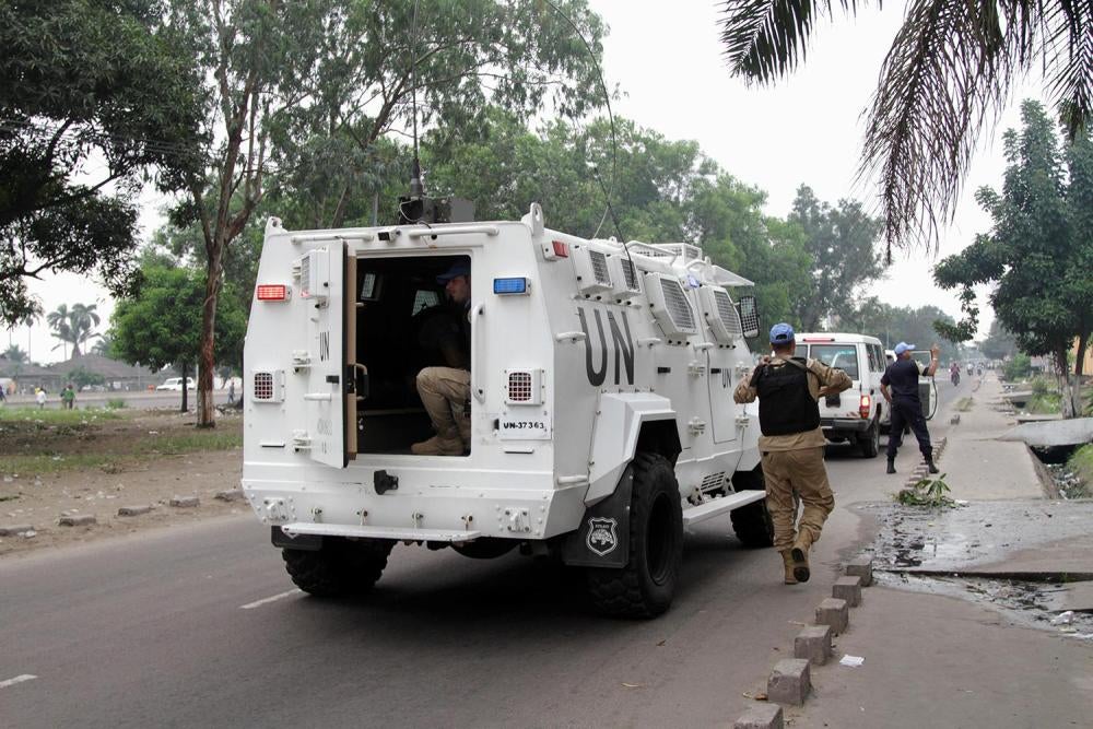 UN peacekeepers patrol the streets during violent protests to press President Joseph Kabila to step down, in Kinshasa, Democratic Republic of Congo, September 20, 2016. 