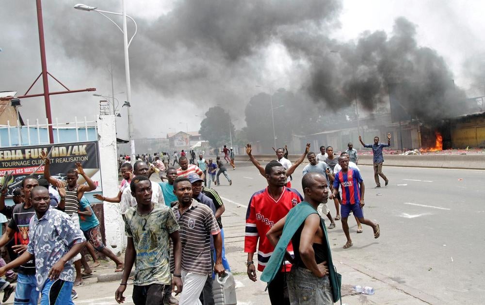 Congolese opposition supporters chant slogans during a march to press President Joseph Kabila to step down in the Democratic Republic of Congo's capital, Kinshasa, September 19, 2016. 