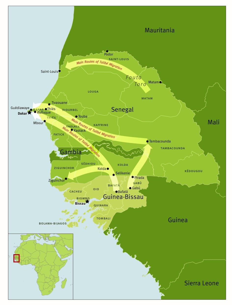 The main routes of migration in Senegal and Guinea-Bissau for boys in Quranic boarding schools marked by forced child begging.  