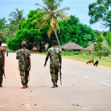 Mozambican army soldiers patrol the streets of Mocimboa da Praia in March 2018. 