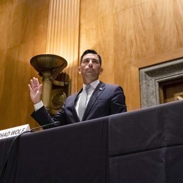 The acting secretary of the US Department of Homeland Security, Chad Wolf, raises his right hand to swear in during a Senate Homeland Security and Governmental Affairs Committee confirmation hearing on September 23, 2020 in Washington, DC.