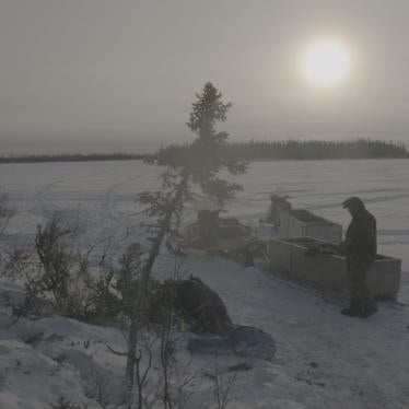 Weenusk First Nation member, Mike Wabano, sets up camp for caribou hunting on a frozen river near Peawanuck, December 14, 2019. As a result of warming temperatures, ice and snow cover is often thinner and more unstable. 