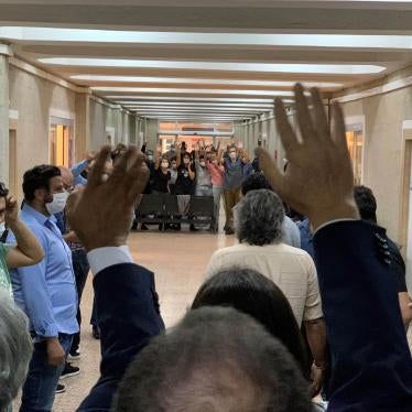 In the corridors of Ankara courthouse, lawyers and MPs wave to Peoples’ Democratic Party politicians and officials waiting to testify before a court. Ankara, October 1, 2020.