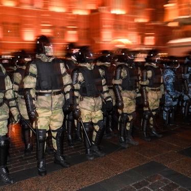 Law enforcement officers block access to Red Square in central Moscow, Russia, ahead of a rally protesting a court decision to imprison Russian opposition activist Alexey Navalny, by replacing his suspended sentence with jail time, February 2, 2021.